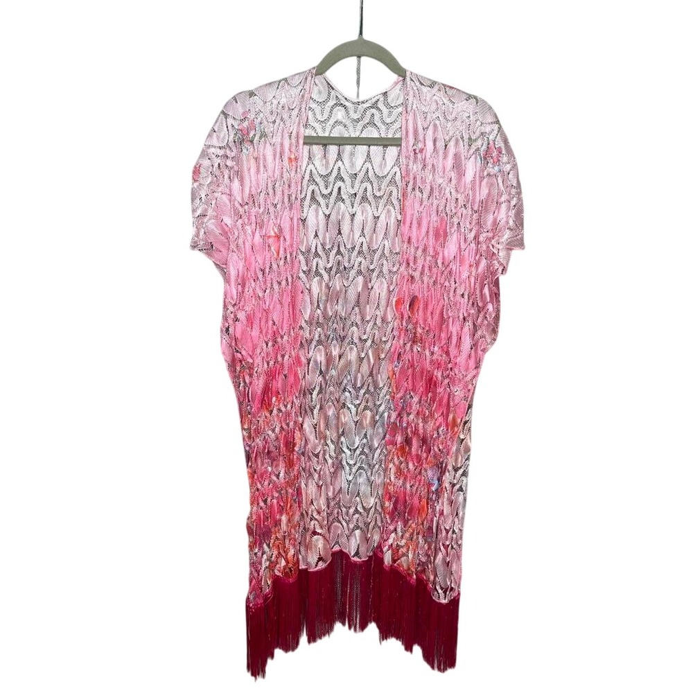 Pink Floral Pointelle Knit‎ Fringe Kimono Open Front Cardigan Cover Up Boho